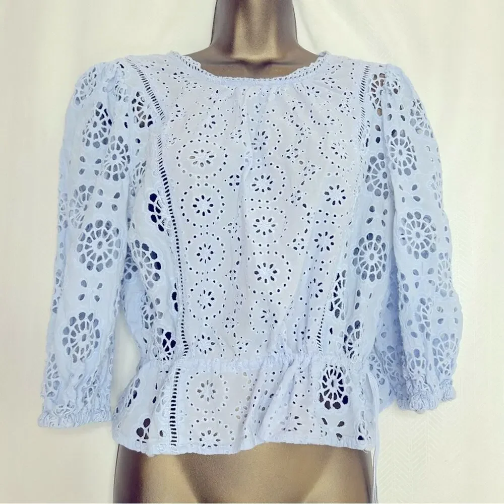 Banana Republic eyelet blouse crop baby blue Large Coquette Cottagecore summer L